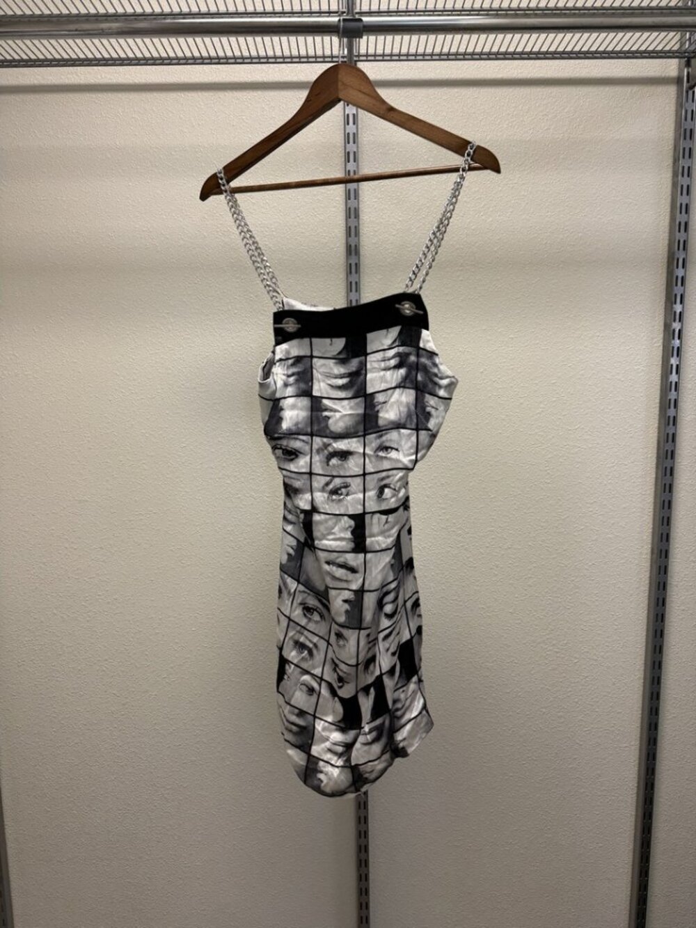Miss Sixty Black White Editorial Face Print Chain Strap Mini Dress L